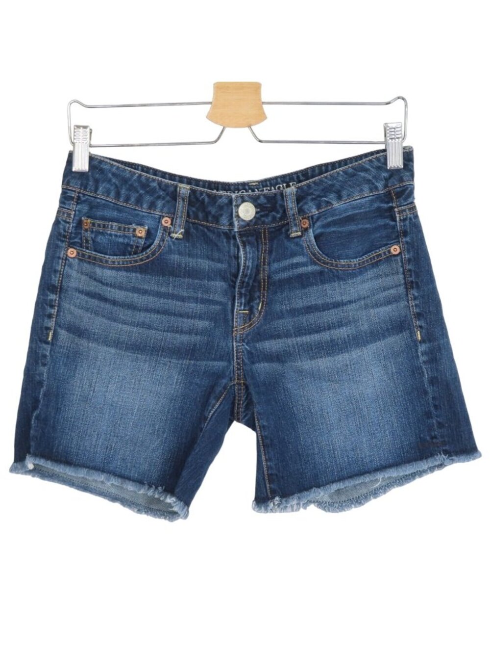 American Eagle Women 2 Dark Blue Wash Fringe Raw Hem Denim Jean Shorts AEO